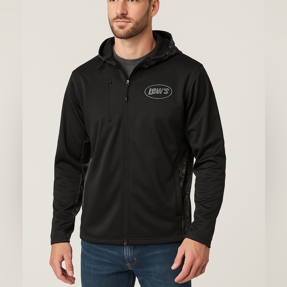 Lews Fishing Prym 1 Angler Hooded Jacket Black Gray Camo Men’s L